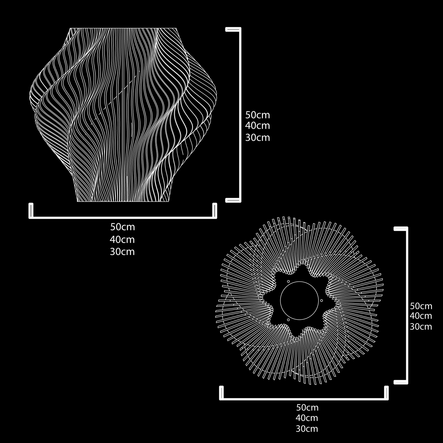 Technical drawing of Crimson Red Spiral Wave Pendant Light showing dimensions, design details, and architectural specifications
