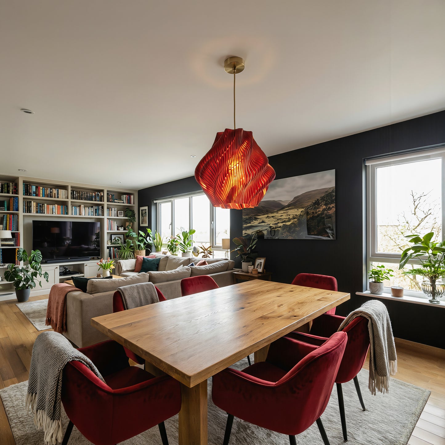 Luxury Crimson Red Spiral Wave Pendant Light – Sculptural Statement Designer Ceiling Lighting