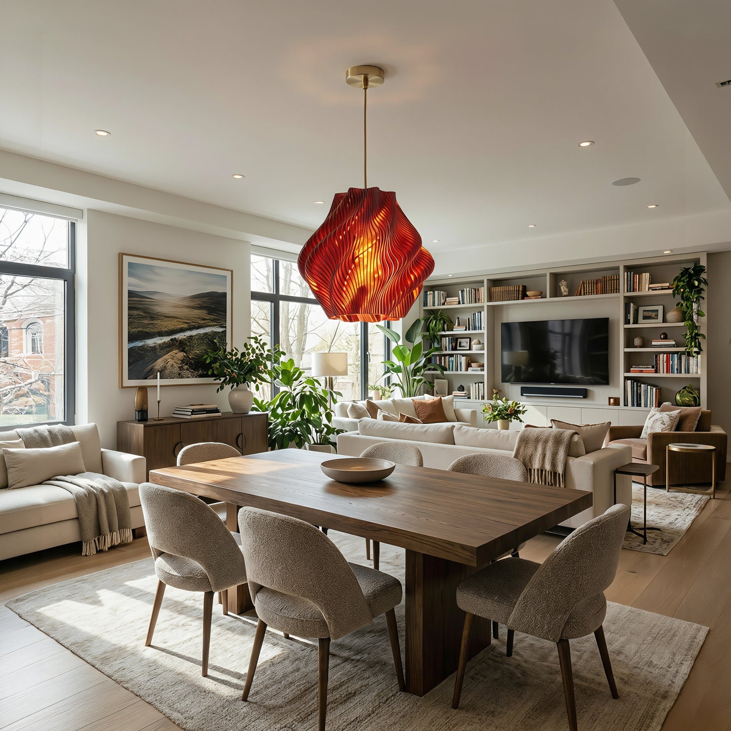 Luxury Crimson Red Spiral Wave Pendant Light – Sculptural Statement Designer Ceiling Lighting