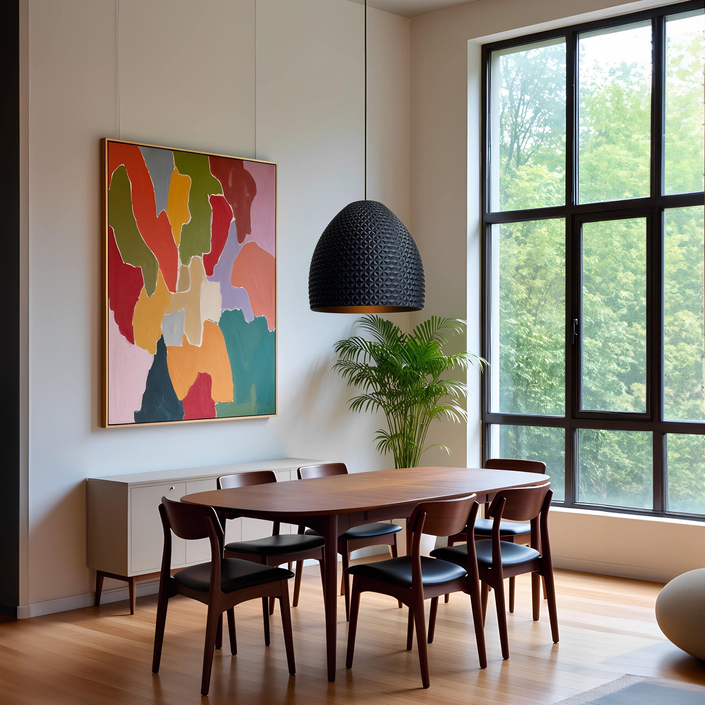 Modern living room featuring Black Dome Geometric Pendant Light as luxury statement fixture