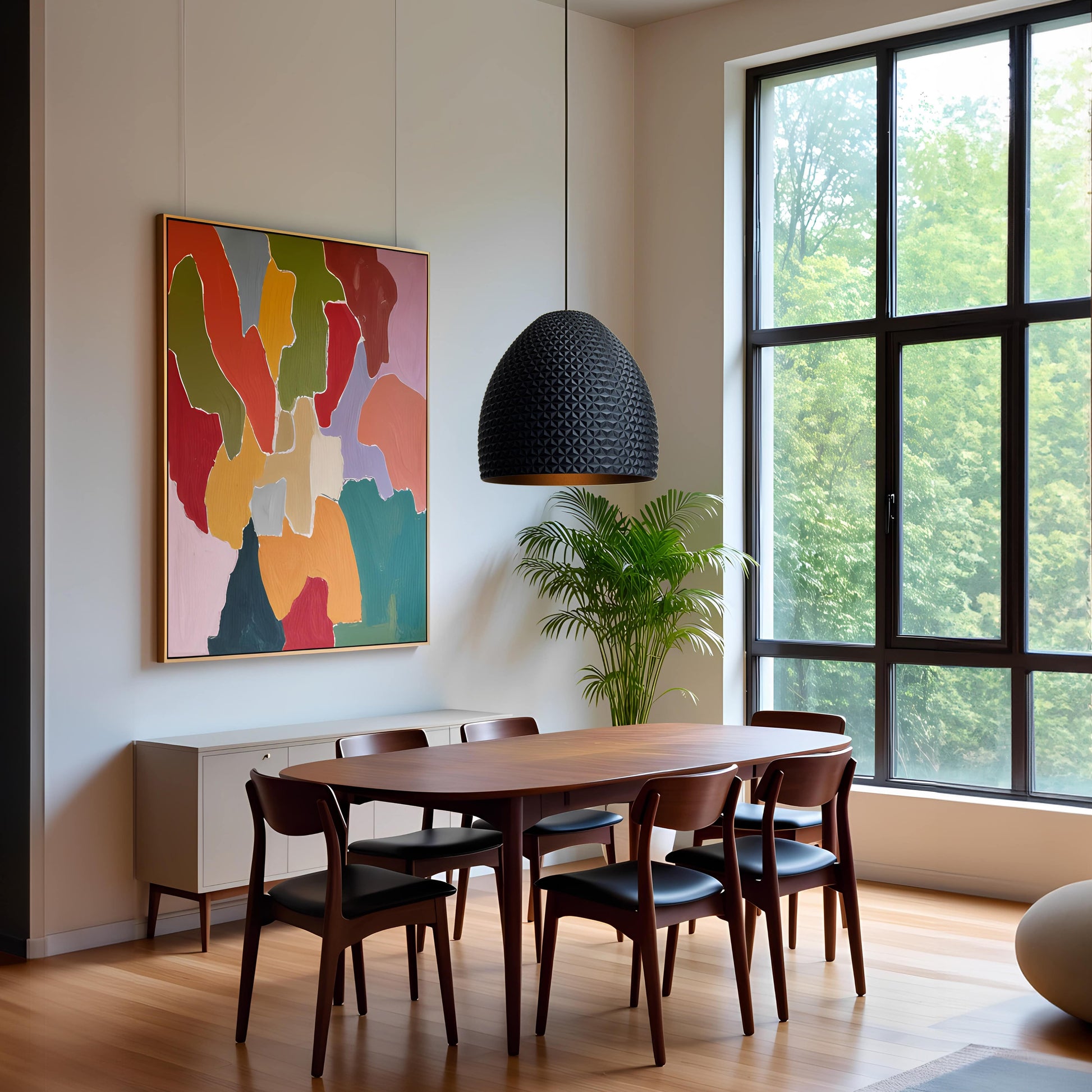 Modern living room featuring Black Dome Geometric Pendant Light as luxury statement fixture