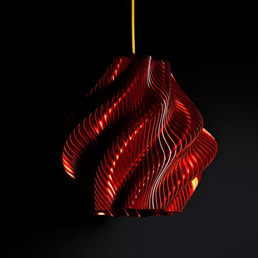 Crimson Red Spiral Wave Pendant Light with flowing sculptural design and luxury architectural form for modern interiors