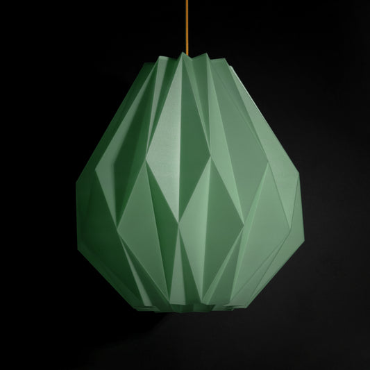 Jade Green Origami Pendant Light with faceted origami folds and sculptural architectural design for luxury interiors