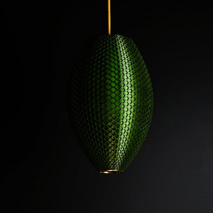 Long Emerald Green Hive Pendant Light shown turned off highlighting geometric sculptural design and hexagonal pattern