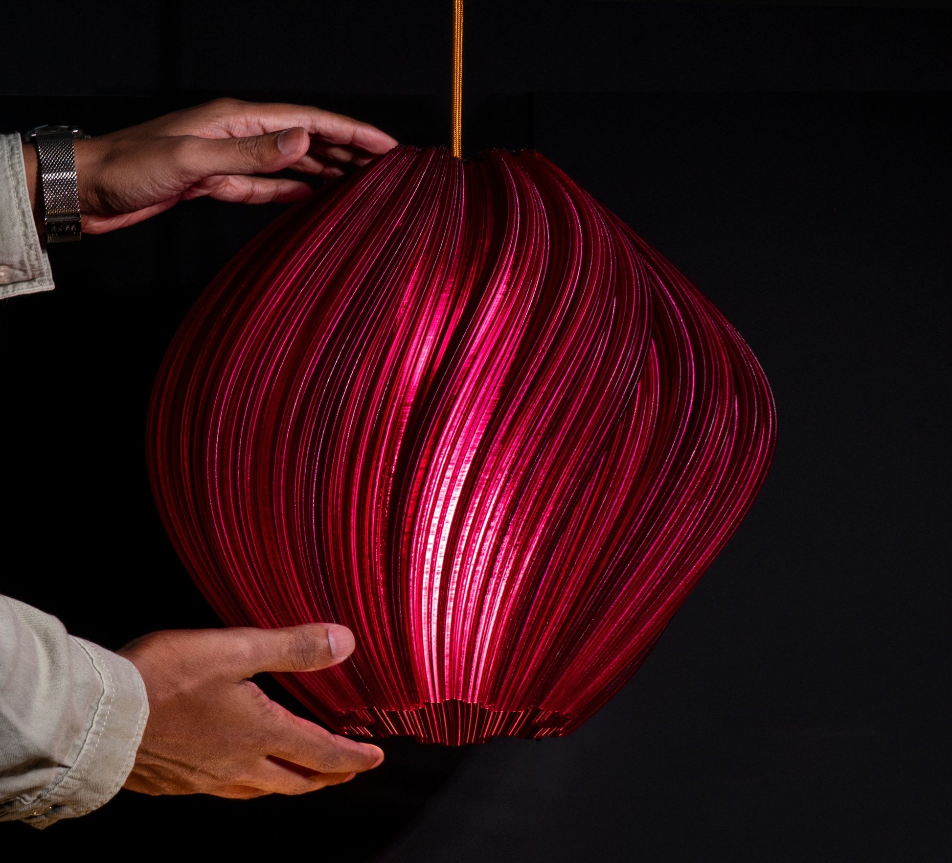 Side view of Violet Purple Seashell Pendant Light showing spiraling seashell-inspired form