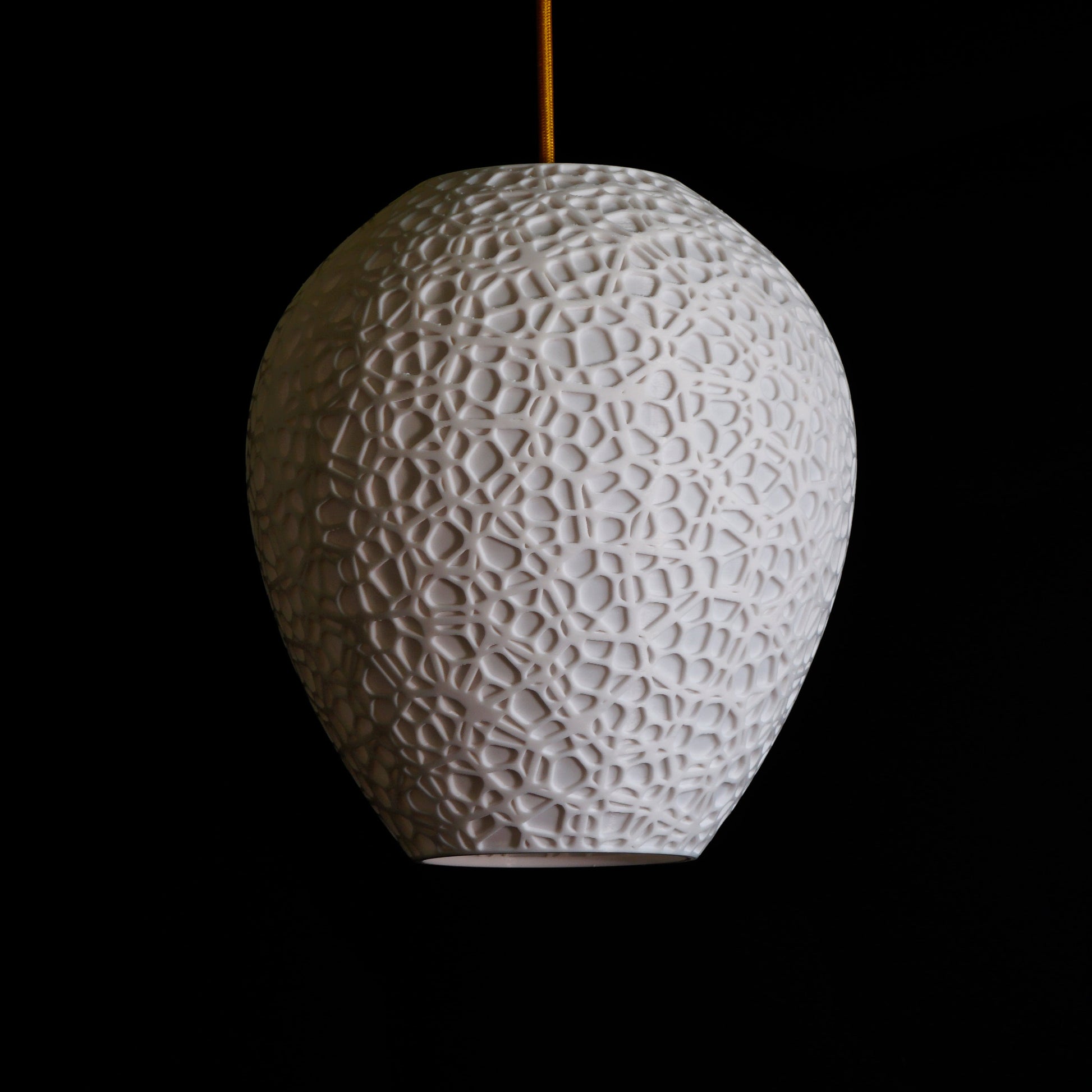 White Cellular Pendant Light shown turned off highlighting interlocking leaf-inspired cellular design and texture