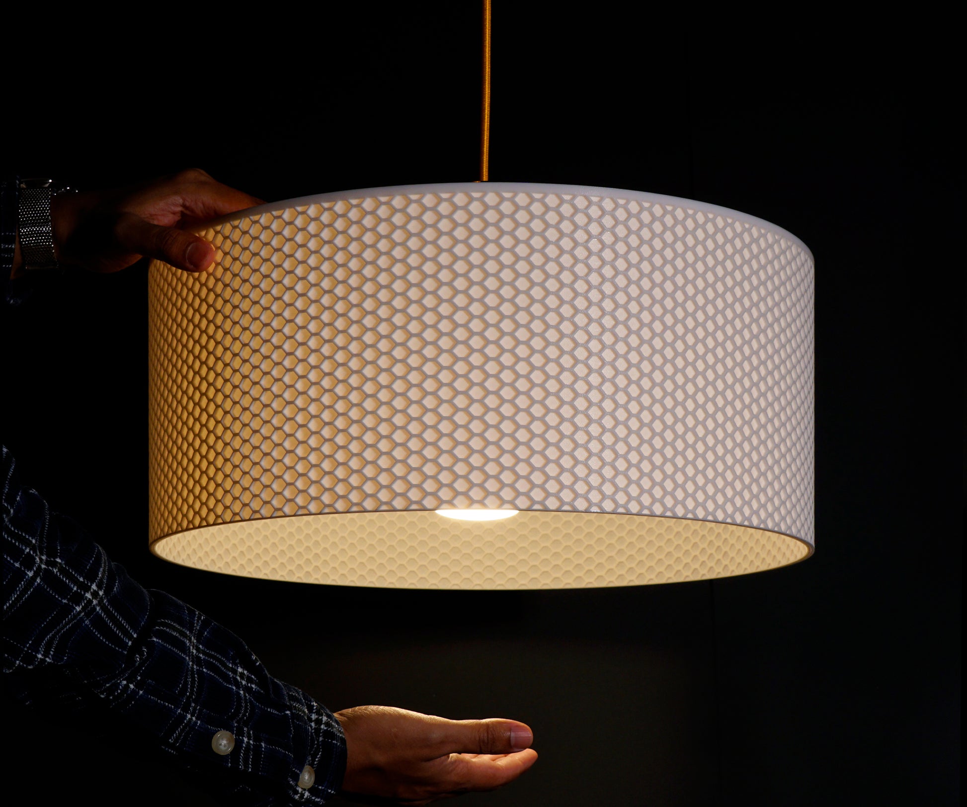 Modern interior with White Drum Hive Pendant Light as a luxury sculptural statement fixture