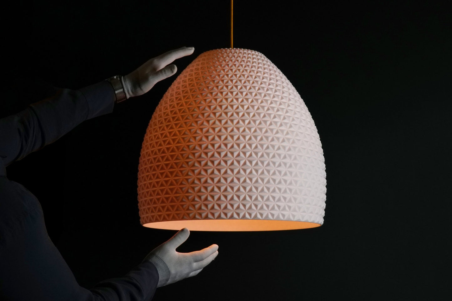 white geometric dome pendant light surface with architectural facets and texture